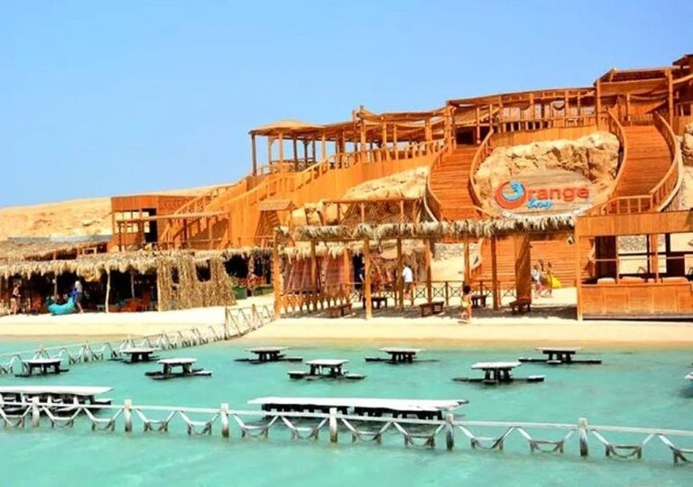 Orange Bay trip from Makadi island beach resort wooden structures and shallow sea
